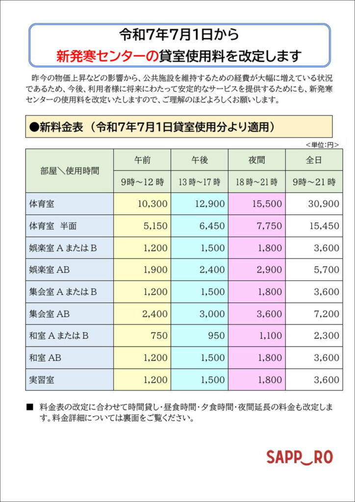 令和7年7月1日から貸室使用料を改訂します